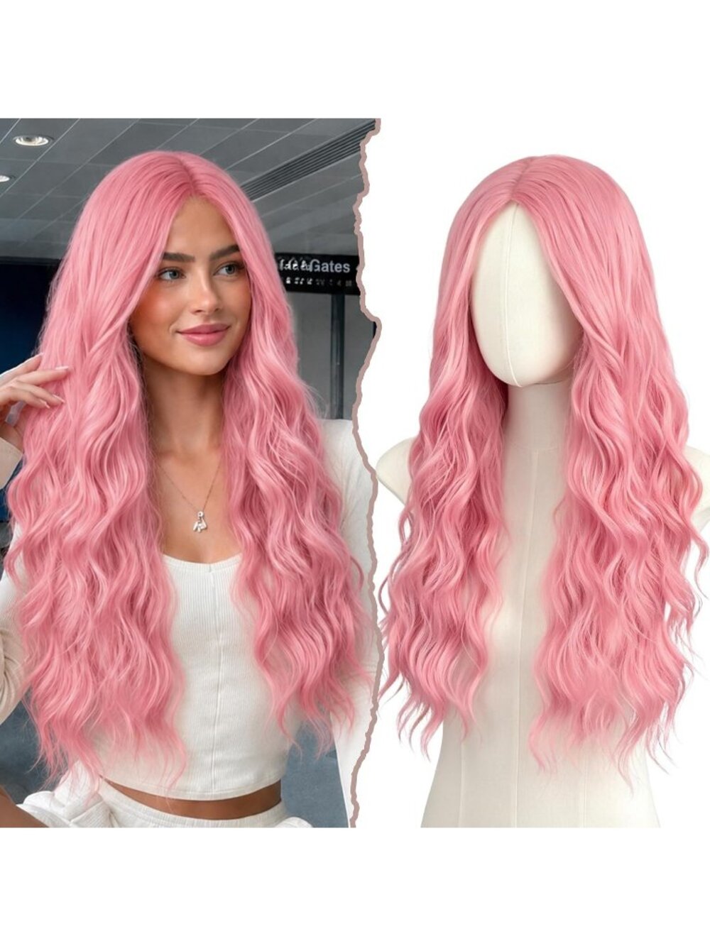 Women's Pink 26 Inch Long Synthetic Middle Part Lace Front Wavy Wig